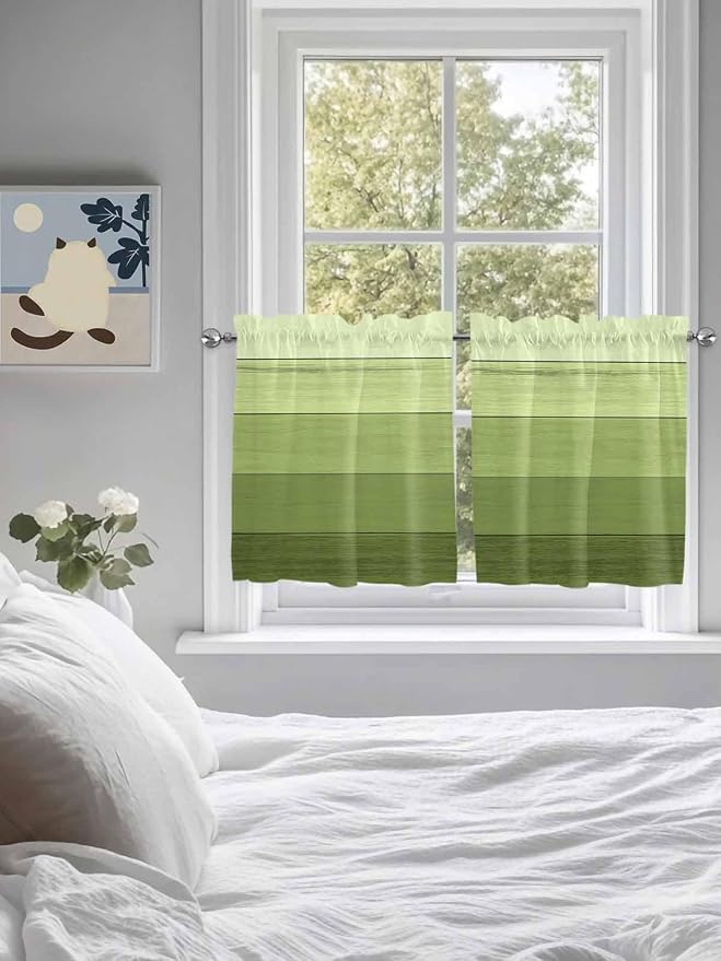 Gradient Green Wooden Board Window Valance Curtains, Retro Country Wood Grain - Image 4