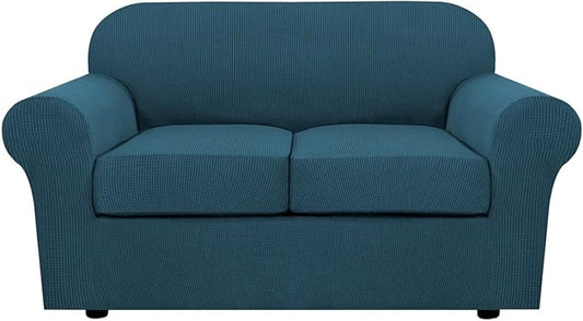 H.VERSAILTEX 3 Piece Stretch Sofa Covers for 2 Cushion Loveseat Couch Covers for Living Room Sofa Slipcovers (Base Cover Plus 2 Seat Cushion Covers) Thicker Jacquard Fabric(Medium Sofa, Deep Teal)