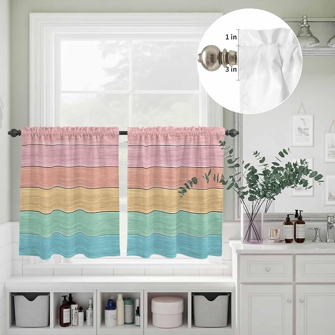 Kitchen Window Curtains Valance and Tier Set, Farm Colorful Wooden Plank Rod - Image 6