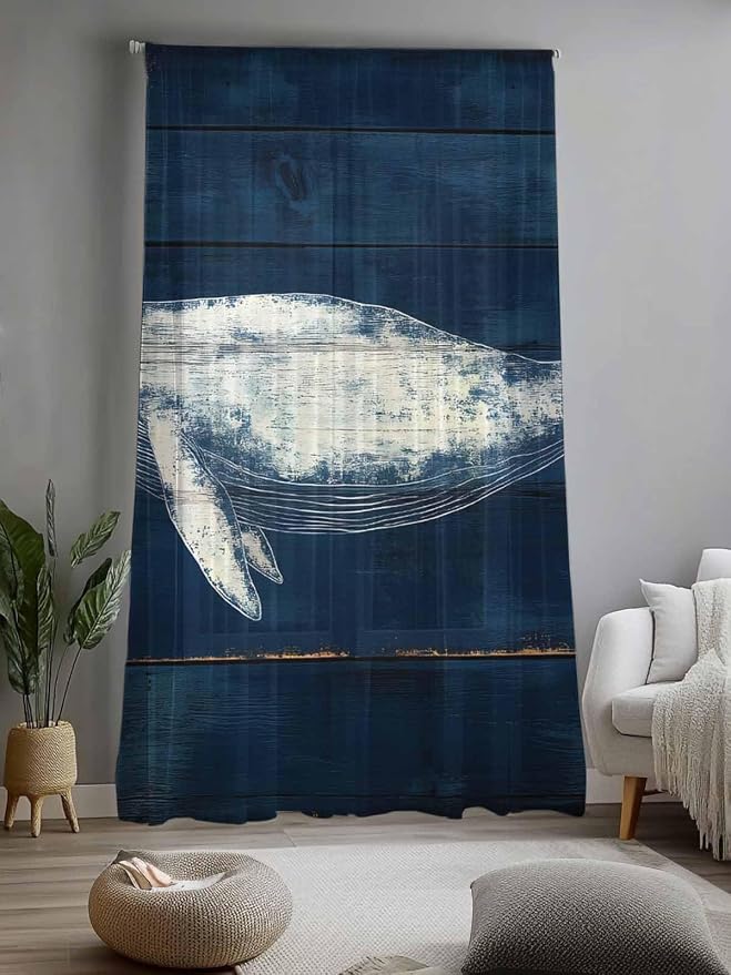Sheer Curtains 108 Inches Long, Summer Whale Semi Sheer Curtains Light - Image 2