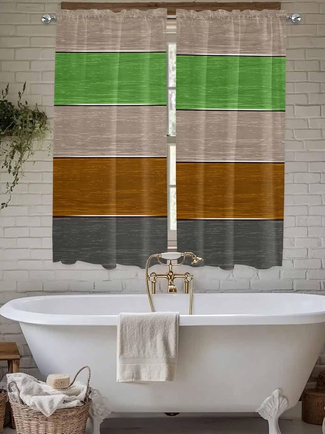 Farm Gray Green Brown Wood Grain Window Valance Curtains, Rustic Wooden Plank by IDOWMAT