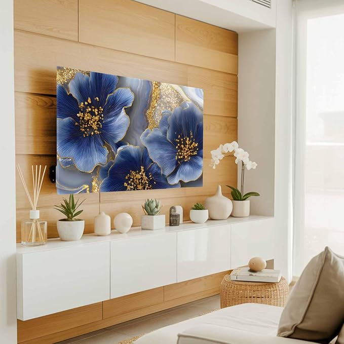 Watercolor Blue Flower Abstract Gold Indoor TV Cover, Elastic TV Screen - Image 2