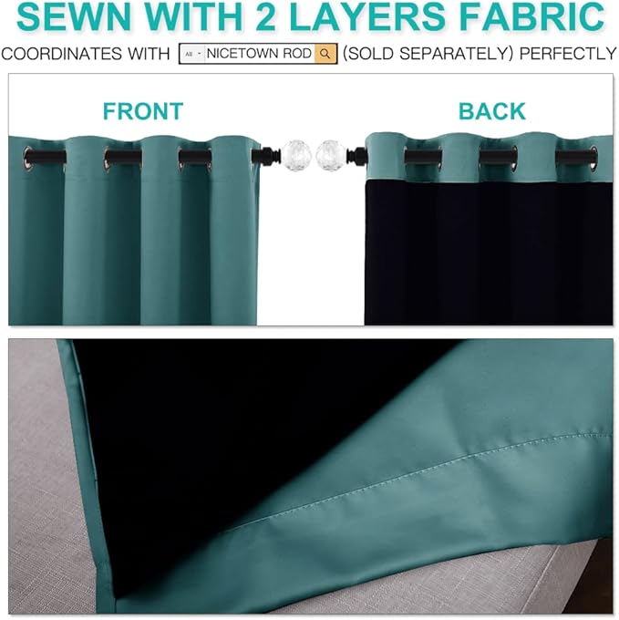 NICETOWN 100% Blackout Curtain Panels, Thermal Insulated Black Liner Curtains for Nursery Room, Noise Reducing and Cold Blocking Drapes for Windows (Set of 2, Sea Teal, 42-inch Wide x 63-inch Long)