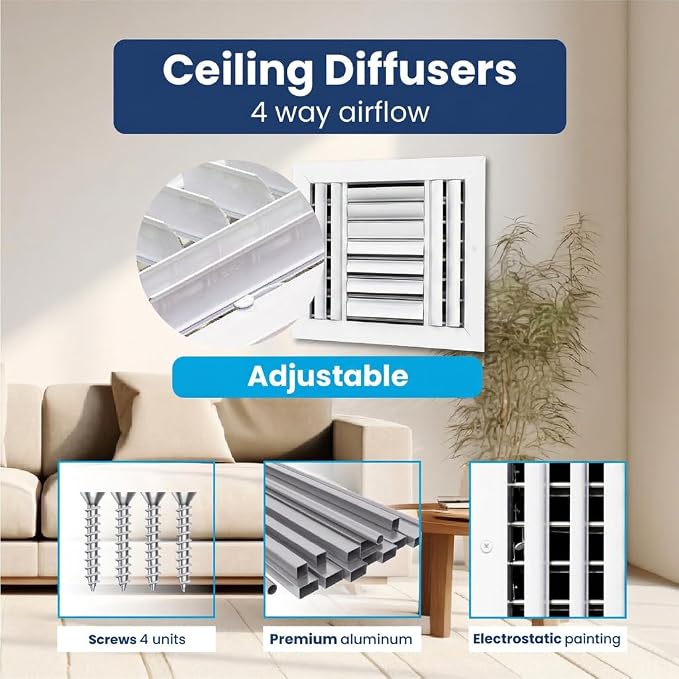 10x8 Aluminum 4-Way Air Vent Cover Wall Ceiling Register – Quiet HVAC Wall - Image 4
