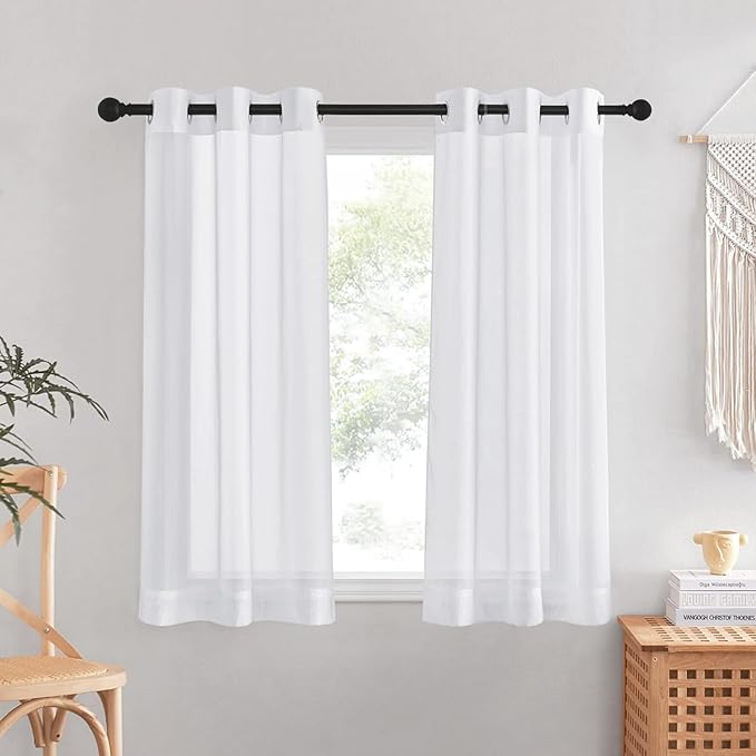 NICETOWN White Sheer 48 inch Curtains, Grommet Short Curtains Airy Voile Textured Soft and Lightweight Half Window Treatments for Bedroom/Cafe, W42 x L48, 2 Panels