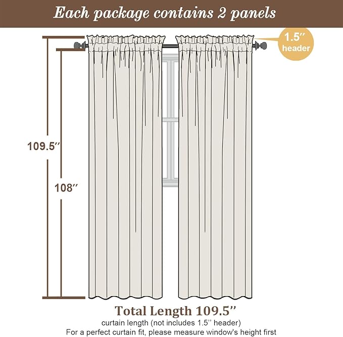 Chyhomenyc Sheer Curtains 108 Inch Length 2 Panels Set, Extra Long Light Filtering Solid Voile Window Drapes for Living Room Bedroom, 42Wx108L, 9FT Length, Set of 2, Lemon