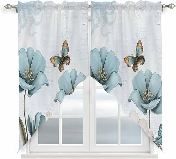 Blue Tulips Swag Valances for Windows, Watercolor Flowers Butterfly Spring by Unknown