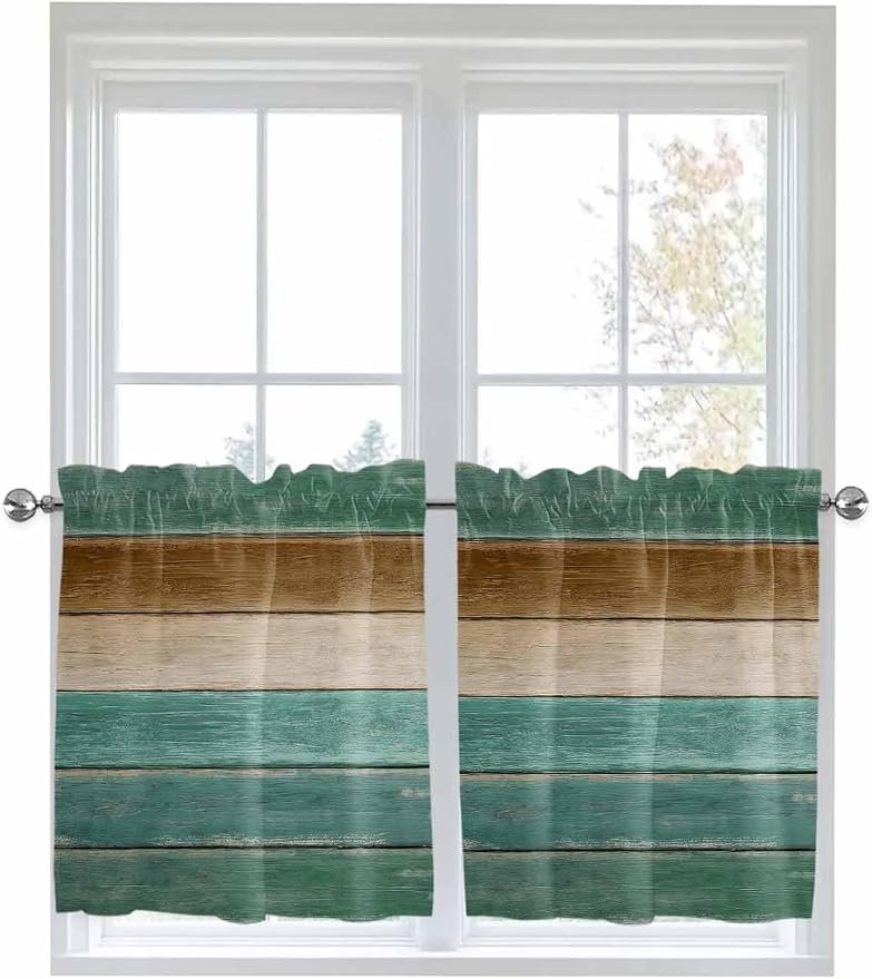 Vintage Plank Turquoise Brown Window Valance Curtains, Farmhouse Wood Grain - Image 6