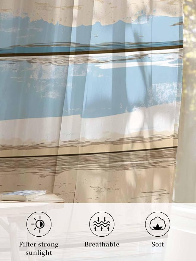 Sheer Curtains 54 Inch Length, Vintage Geometric Blue Semi Sheer Curtains Light - Image 6
