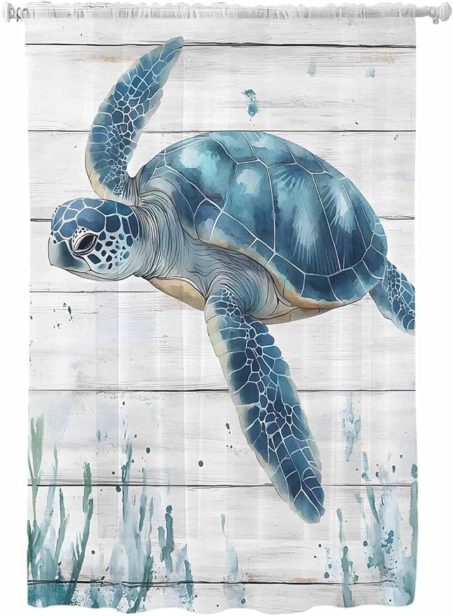 Sheer Curtains 63 Inch Length, Teal Green Ocean Turtle Semi Sheer Curtains by Unknown