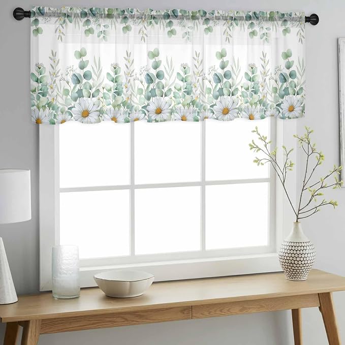 Eucalyptus Leaves Daisy Sheer Valance Curtains, Summer Farmhouses Flower Light - Image 3