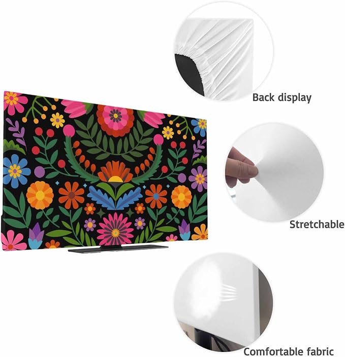 Abstract Boho Flower Floral on Black Indoor TV Cover, Elastic TV Screen - Image 7