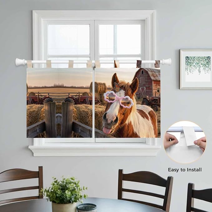 Farm Horses Kitchen Curtains 36 Inch Length, Small Window Curtains Tab Top - Image 4