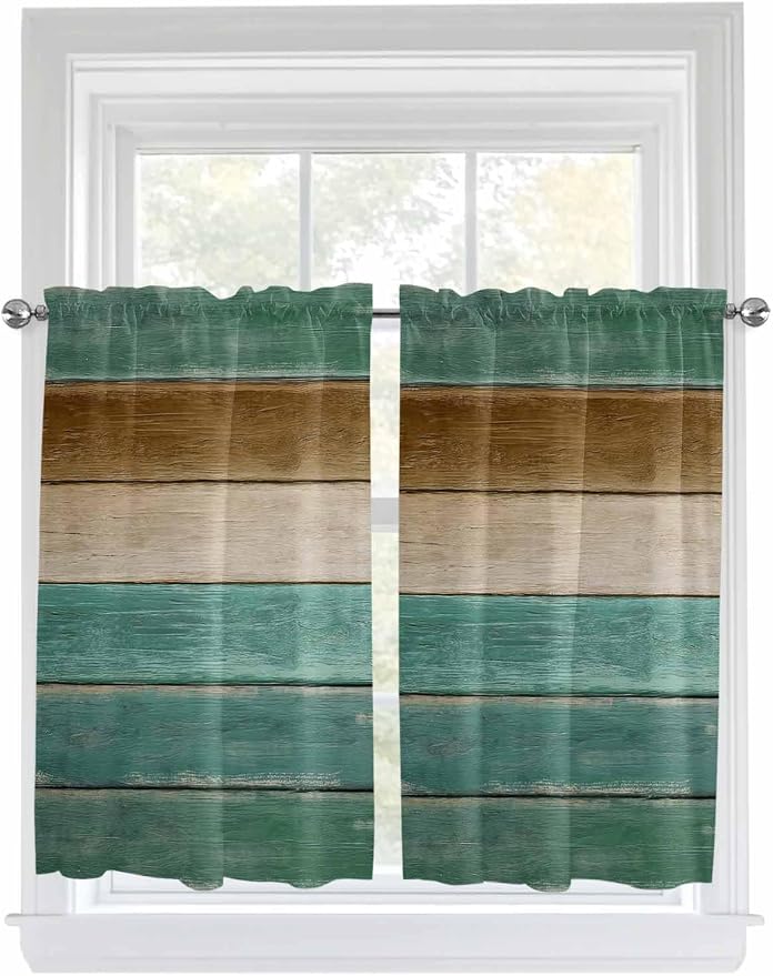 Vintage Plank Turquoise Brown Window Valance Curtains, Farmhouse Wood Grain - Image 9