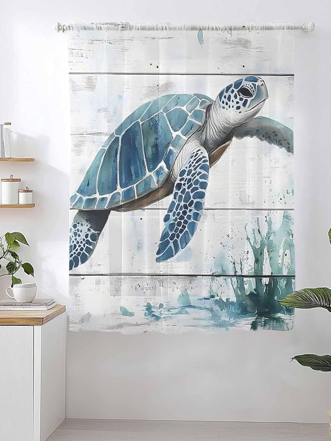 Sheer Curtains 72 Inches Long, Teal Green Sea Turtle Semi Sheer Curtains Light - Image 2