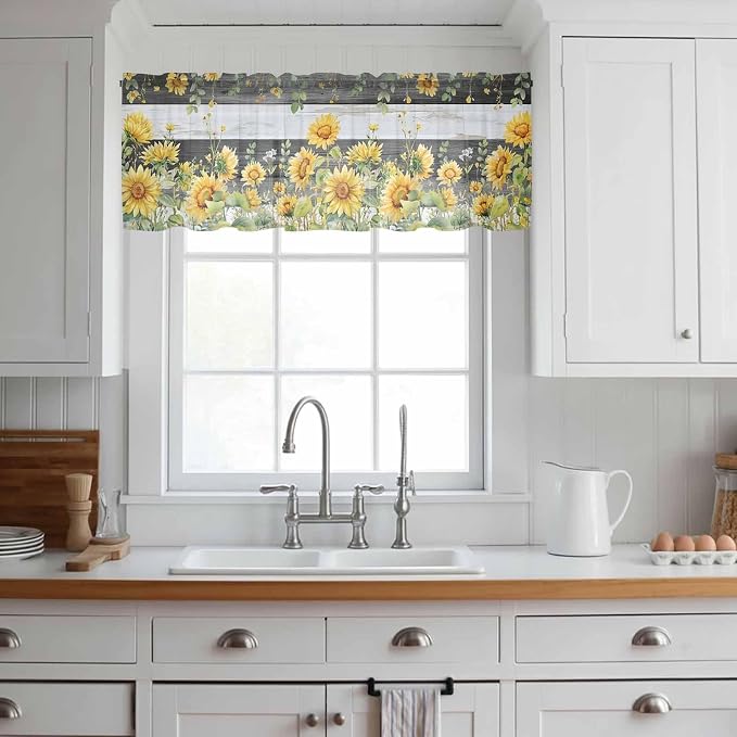 Summer Floral Sheer Valance Curtains, Watercolor Sunflower Eucalyptus Leaves - Image 2
