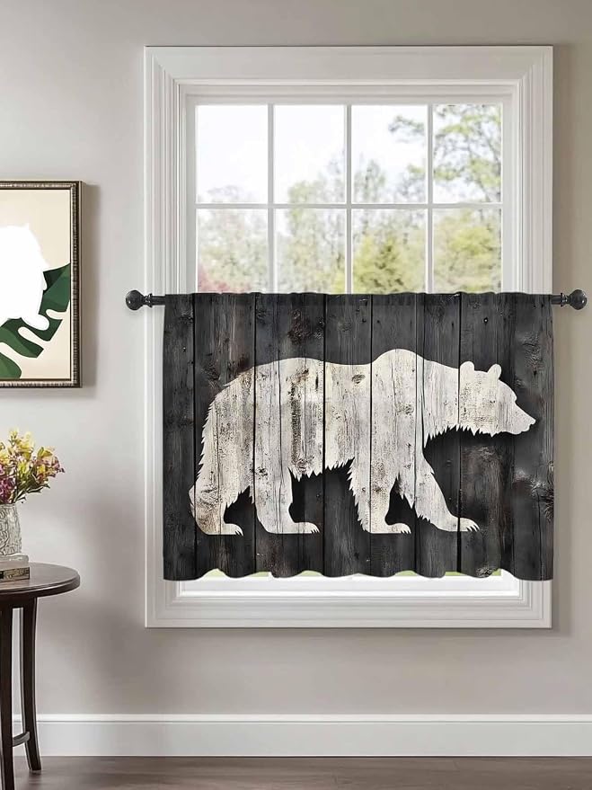 Sheer Curtains 45 Inch Length, Farmhouse Country Rustic Wooden Grain Privacy - Image 2