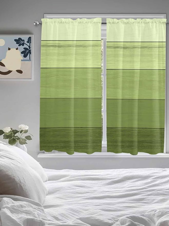Gradient Green Wooden Board Window Valance Curtains, Retro Country Wood Grain - Image 4
