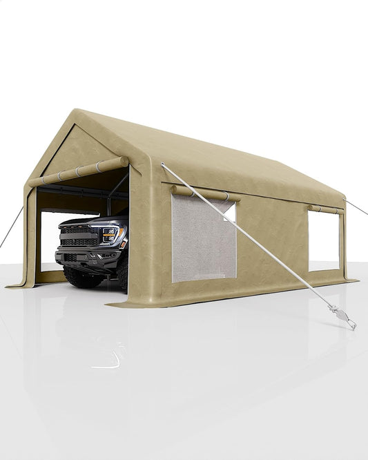 10x20 Ft Carport, Car Port with 200g PE Tarp, Roll-Up Doors, and 4 Windows, for Sedans, Bass Boats, Motos, ATVs, and SUVs, Khaki