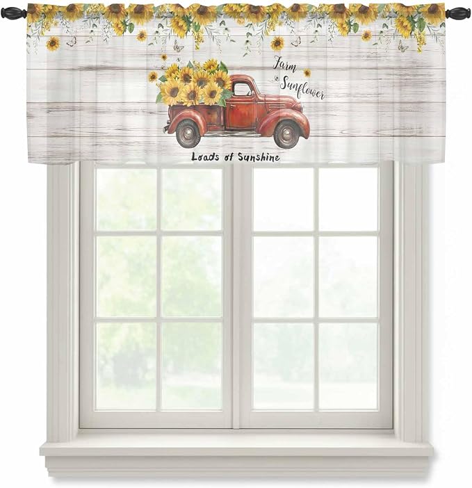 Farmhouses Sunflowers Sheer Valance Curtains, Retro Floral Leaves Red Truck by Houseown