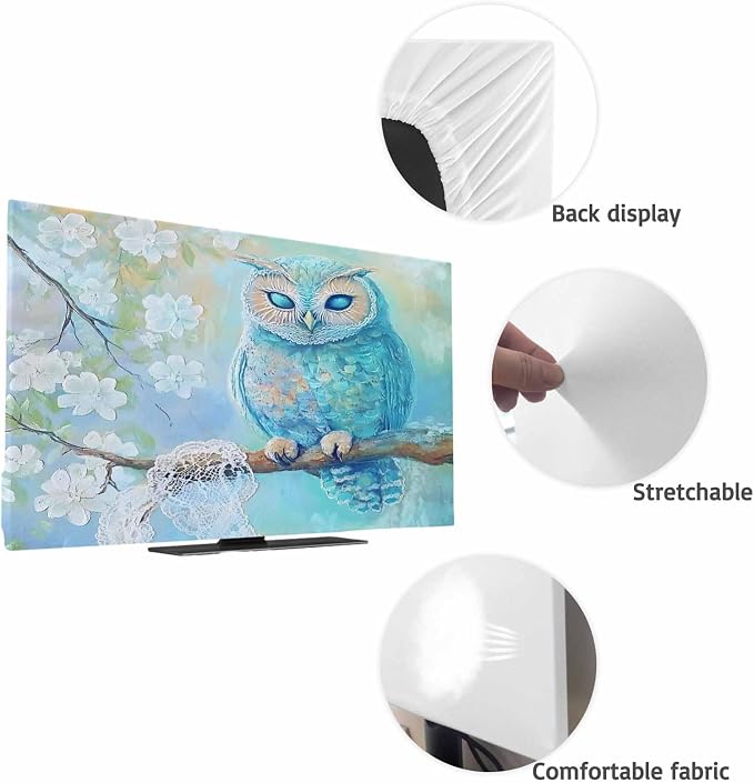 Watercolor Blue Owl Indoor TV Cover, Elastic TV Screen Protector Retro White - Image 7