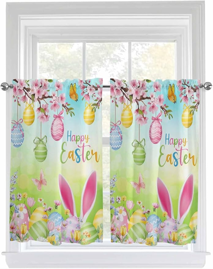 Easter Kitchen Curtains 54 Inches length, Spring Bunny Colorful Rabbit Eggs by Unknown