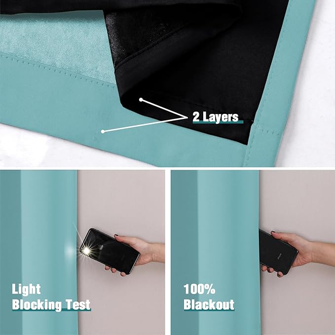 ChrisDowa 100% Blackout Curtains 63 inch Long for Bedroom with Black Liner, Extra Wide 2 Thick Layers Total Blackout Thermal Insulated Grommet Window Curtains 2 Panels Set (Aqua, 60 x 63 Inch)