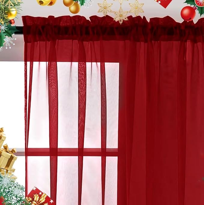 SpaceDresser Sheer Voile Window Treatment Rod Pocket Curtain Panels for Kitchen Bedroom Living Room Drapes Sunlight Filtering Privacy Semi Home Decor Assorted Colors Sizes (Christmas Red, 52 W x 63 L)