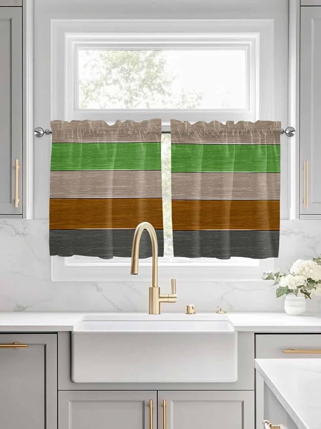 Farm Gray Green Brown Wood Grain Window Valance Curtains, Rustic Wooden Plank by IDOWMAT
