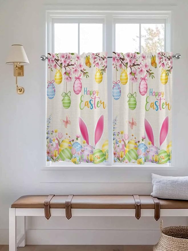 Happy Easter Kitchen Curtains 45 Inches length, Spring Farmhouse Bunny Eggs - Image 4
