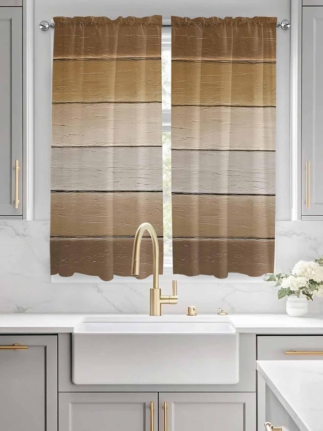 Vintage Brown Gradient Wood Grain Window Valance Curtains, Farmhouse Wood Barn - Image 3