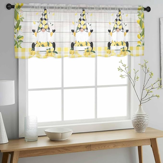 Lemon Dwarfs Sheer Valance Curtains, Gnome Green Leaf Wood Striped Black Plaid - Image 3