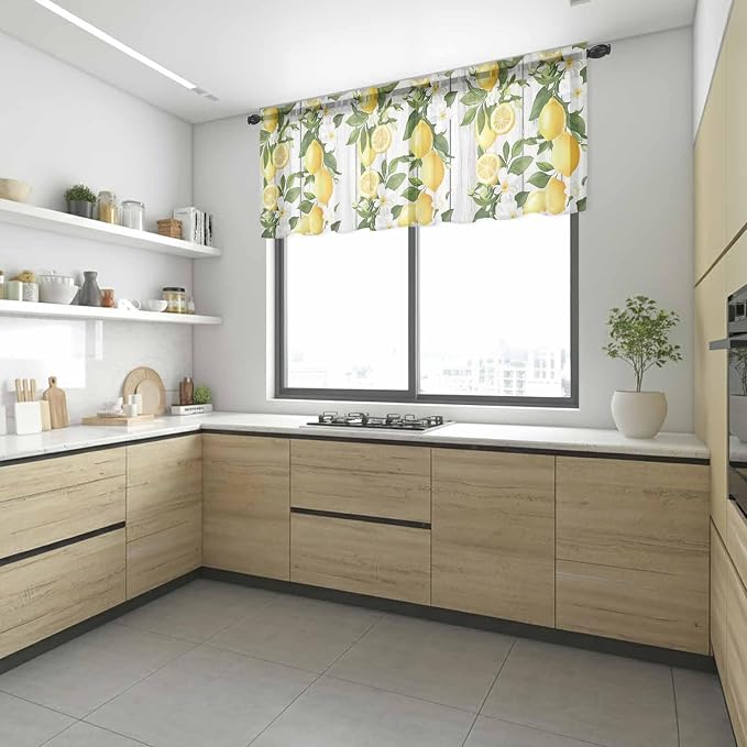 Spring Summer Lemon Sheer Valance Curtains, Leaf Flower White Wood Grain Light - Image 6