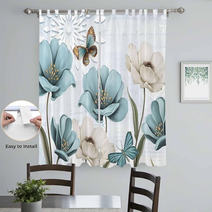 Blue Tulips Living Room Curtains 84 Inch Length, Window Curtains Tab Top - Image 4