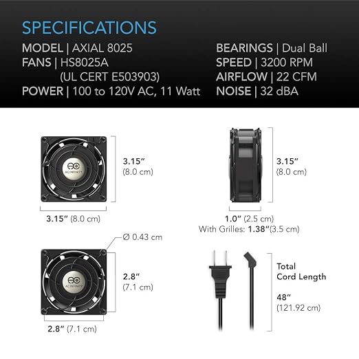 AC Infinity AXIAL 8025, Muffin Fan, 120V AC 80mm x 25mm High Speed, UL-Certified - Image 6