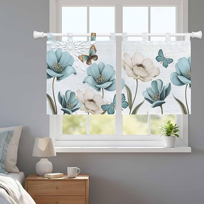 Blue Tulips Kitchen Curtains 24 Inch Length, Small Window Curtains Tab Top - Image 9