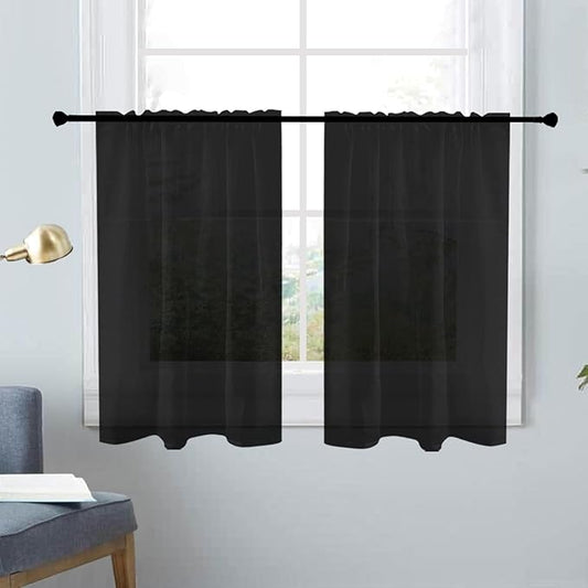 SpaceDresser Basic Rod Pocket Sheer Voile Window Curtain Panels Black 1 Pair 2 Panels 26 Width 30 Inch Long for Kitchen Bedroom Children Living Room Yard（Black，26Wx 30L）