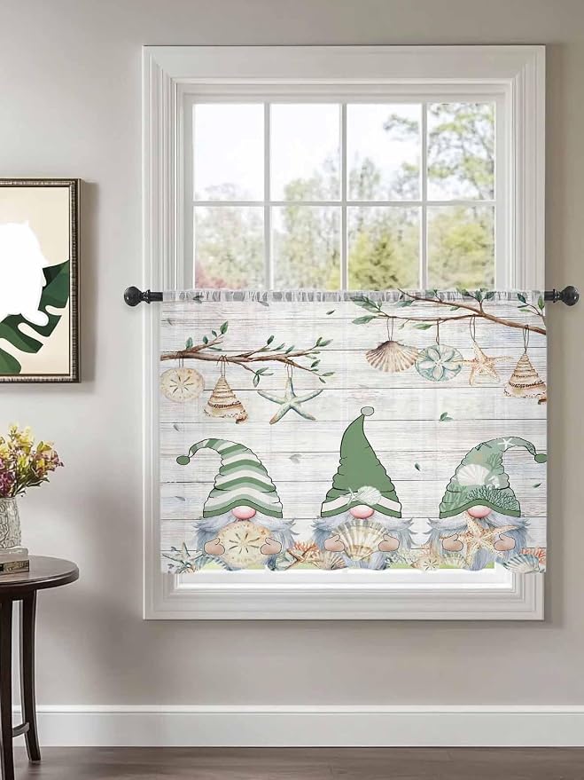 Sheer Curtains 45 Inch Length, Sage Green Gnomes Semi Sheer Curtains Light - Image 2