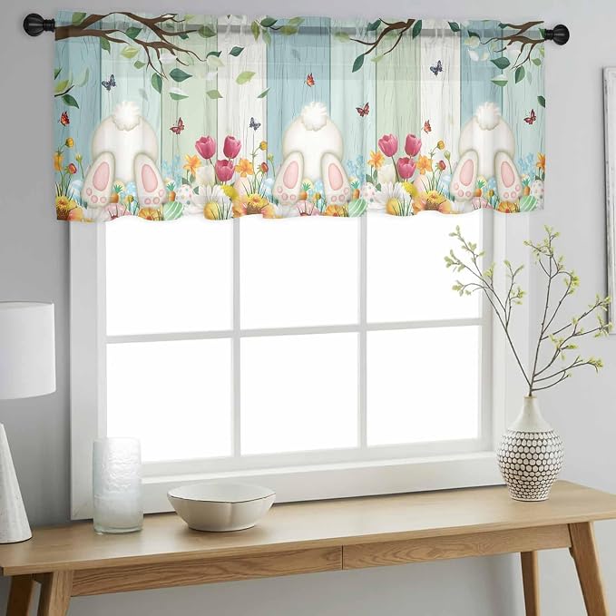 Easter Sheer Valances for Windows 42"x12", Light Filtering Kitchen Curtains - Image 2