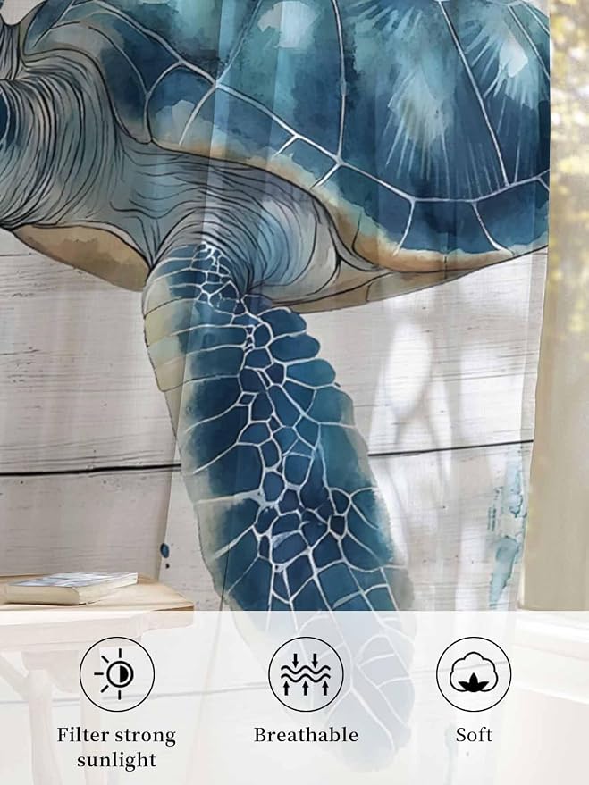 Sheer Curtains 72 Inches Long, Teal Green Ocean Turtle Semi Sheer Curtains - Image 6