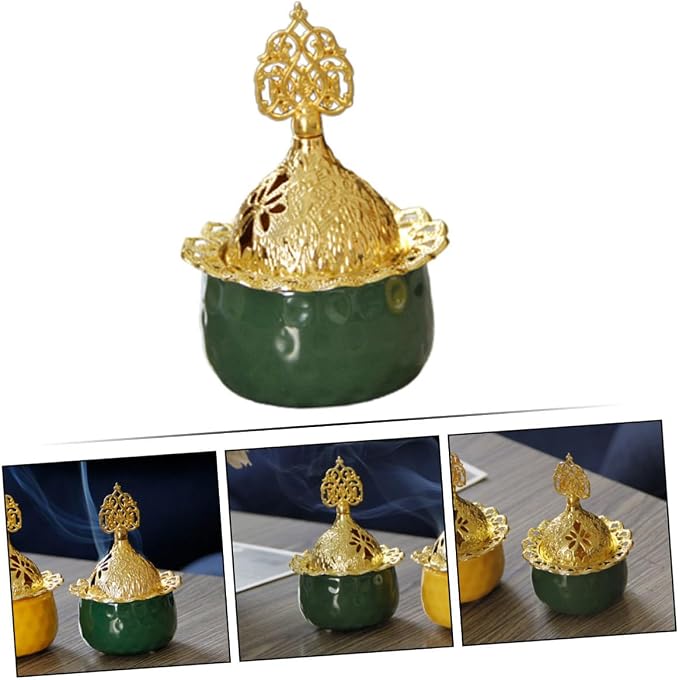 European Style Small Green Ceramic Incense Burner Metal Censer - Image 7
