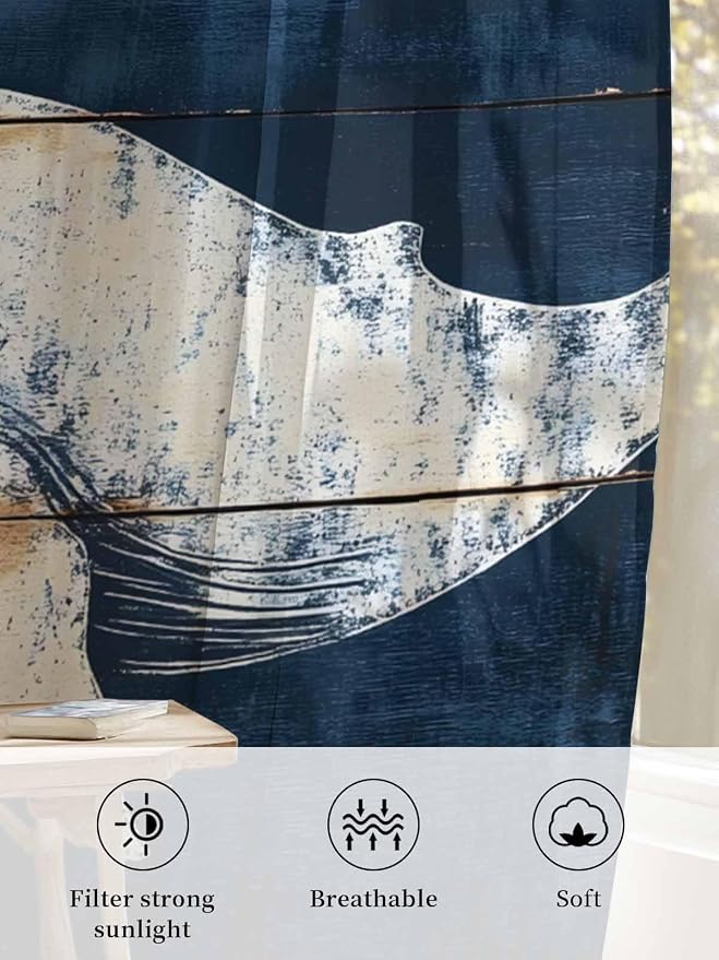 Sheer Curtains 63 Inch Length, Ocean Whale Blue Semi Sheer Curtains Light - Image 6