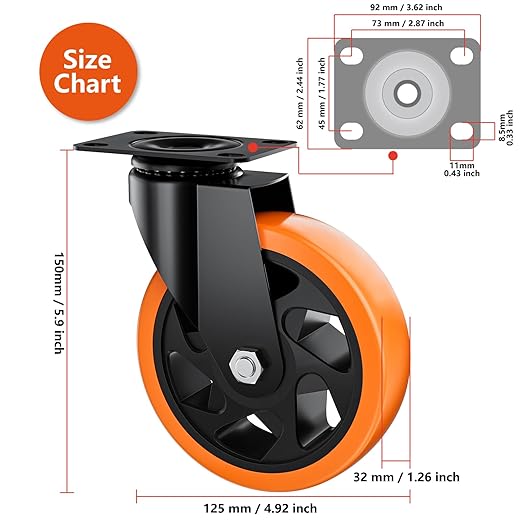 5" Swivel Plate Casters Set of 8 Heavy Duty 1400 lbs | Orange PU, Non-Marking - Image 2