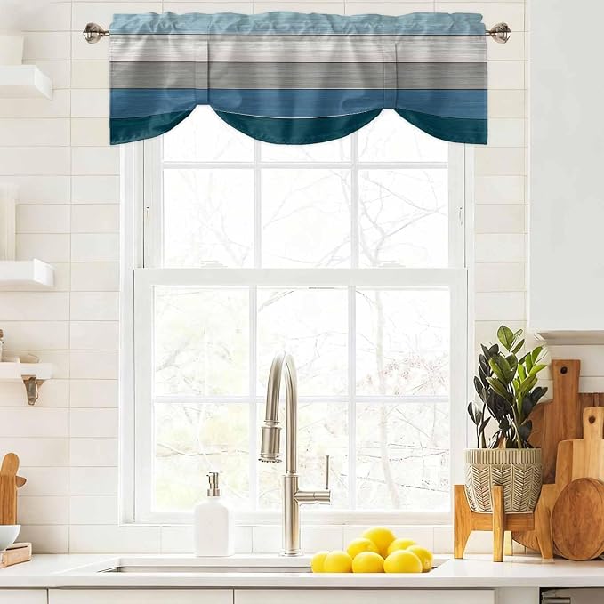 Blue Ombre Wooden Tie Up Valance Curtains - Image 9