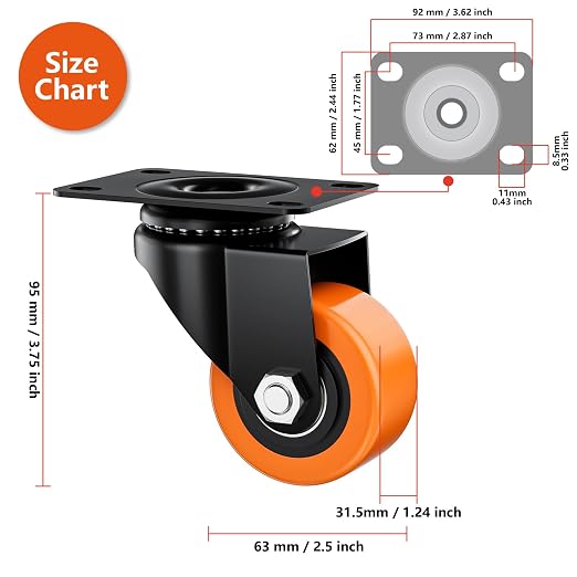2.5" Swivel Plate Casters Set of 8 Heavy Duty 800 lbs | Orange PU, Non-Marking - Image 2