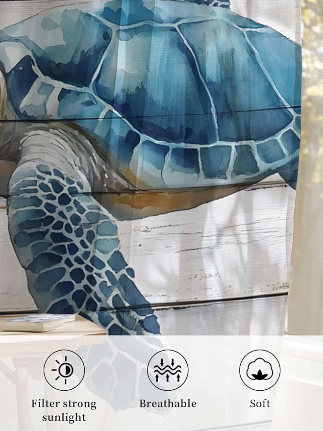 Sheer Curtains 45 Inch Length, Sea Turtle Blue Semi Sheer Curtains Light - Image 6