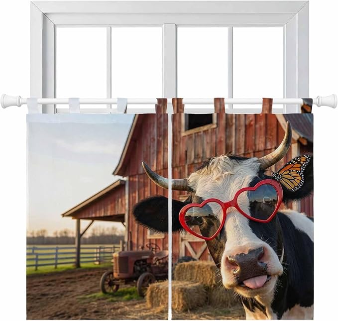 Farm Cows Bedroom Curtains 63 Inch Length, Window Curtains Tab Top, Farmhouse by Unknown