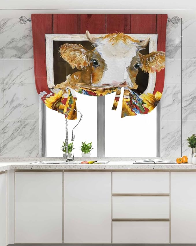 Tie Up Curtains for Windows, Cows Sunflowers Adjustable Balloon Nature Linen - Image 4
