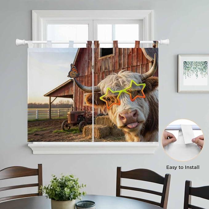 Farm Yaks Kitchen Curtains 45 Inch Length, Short Cafe Window Curtains Tab Top - Image 4