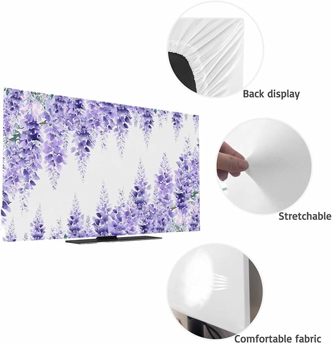 Watercolor Purple Vineflowers Leaves Indoor TV Cover, Elastic TV Screen - Image 7